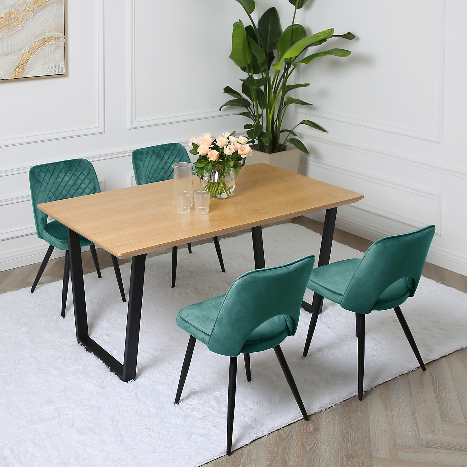 Provence Dining Set - Oak Veneer Dining Table with 4 Chairs - Dark Green