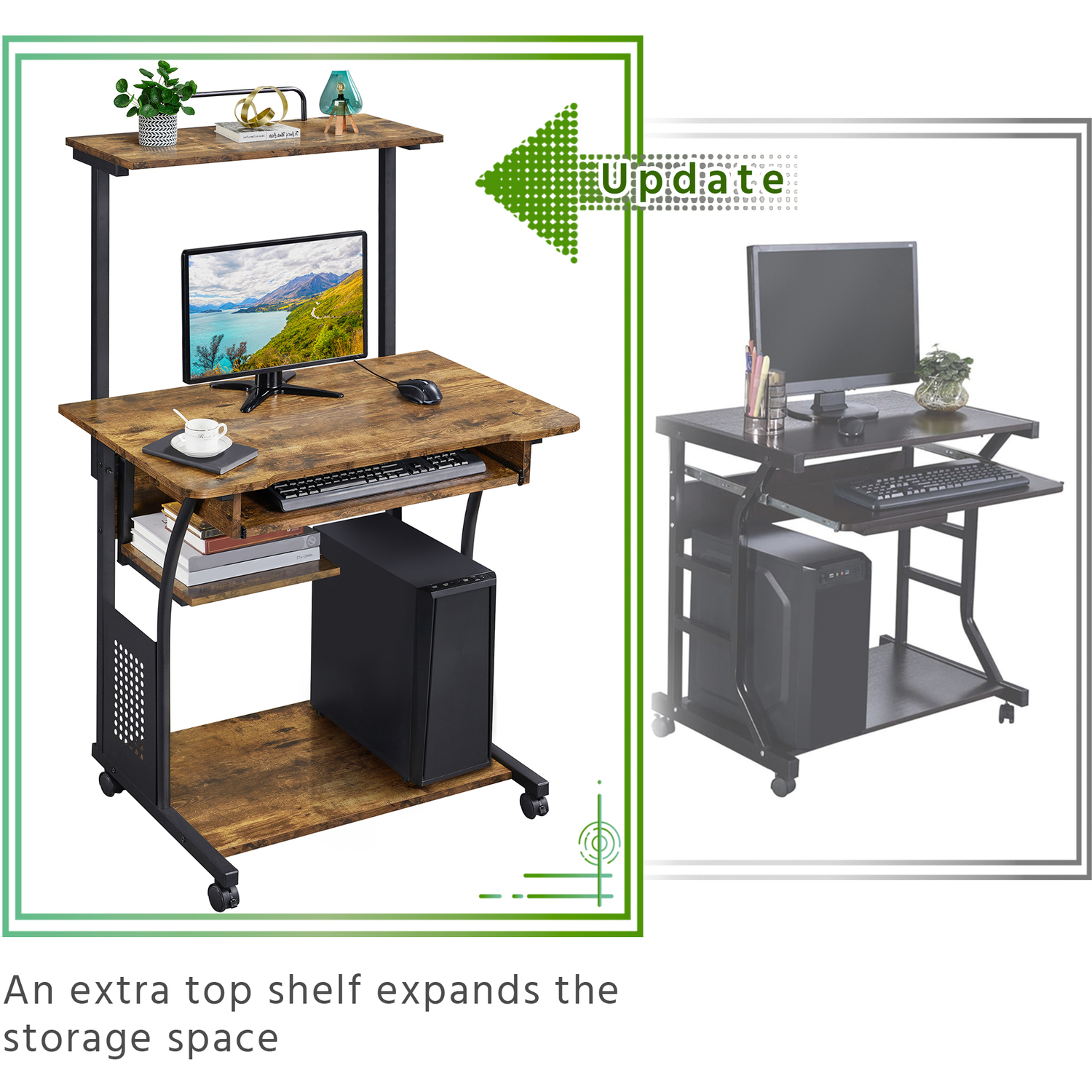 Yaheetech 3-tier Rolling Computer Desk With Shelf - Rustic Brown