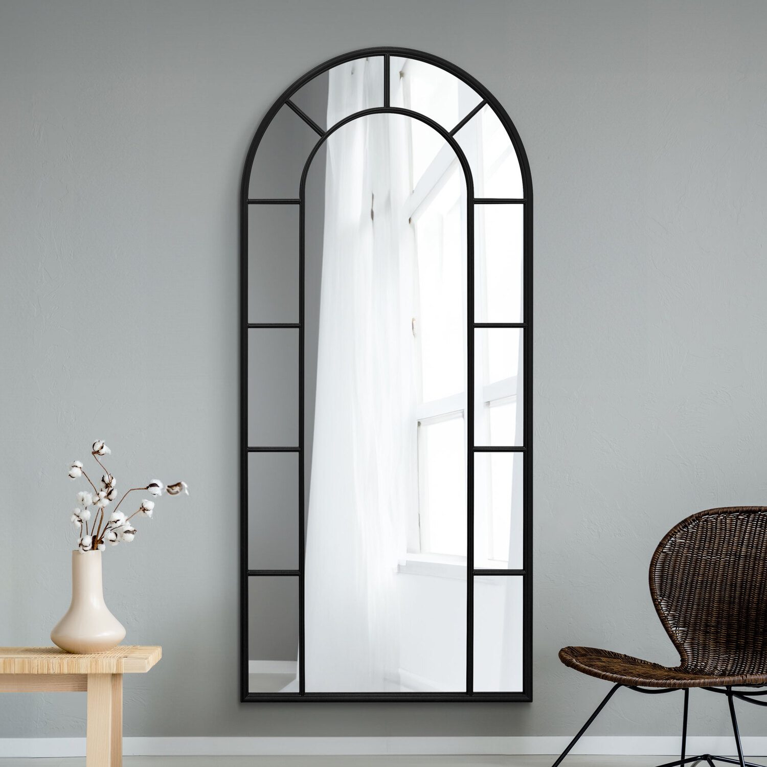 MirrorOutlet - Arcus Window Metal Framed Arched Leaner Wall Mirror - Black / 190cm thumbnail