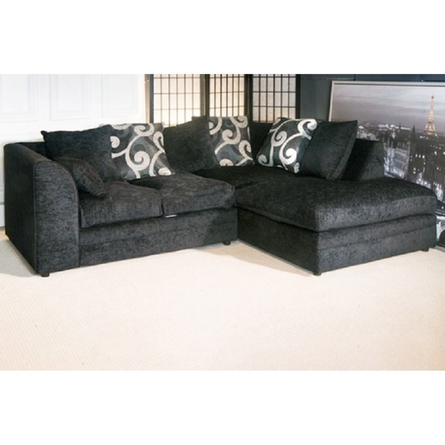 Dynasty Chenille Fabric 4 Seater Corner Sofa - Black Right-hand Chenille Fabric Foam