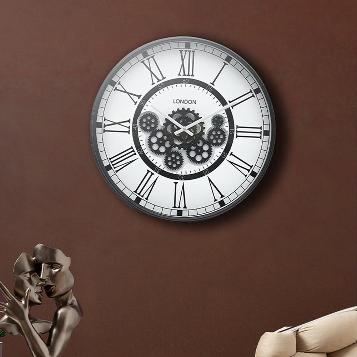 Black Round Gear Wall Clock for Living Room