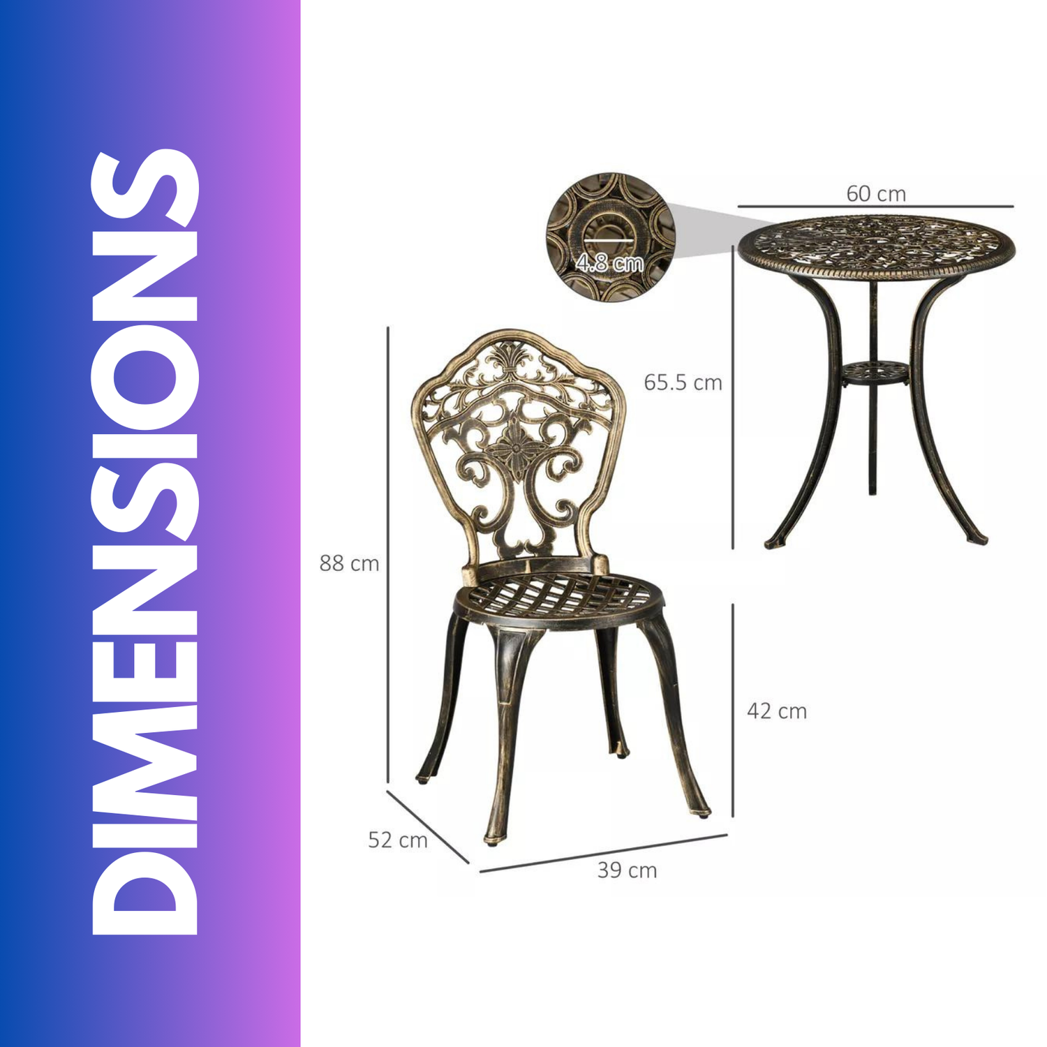 Set Of 3 Cast Aluminium Bistro Table And Chair With Parasol Hole - Bronze