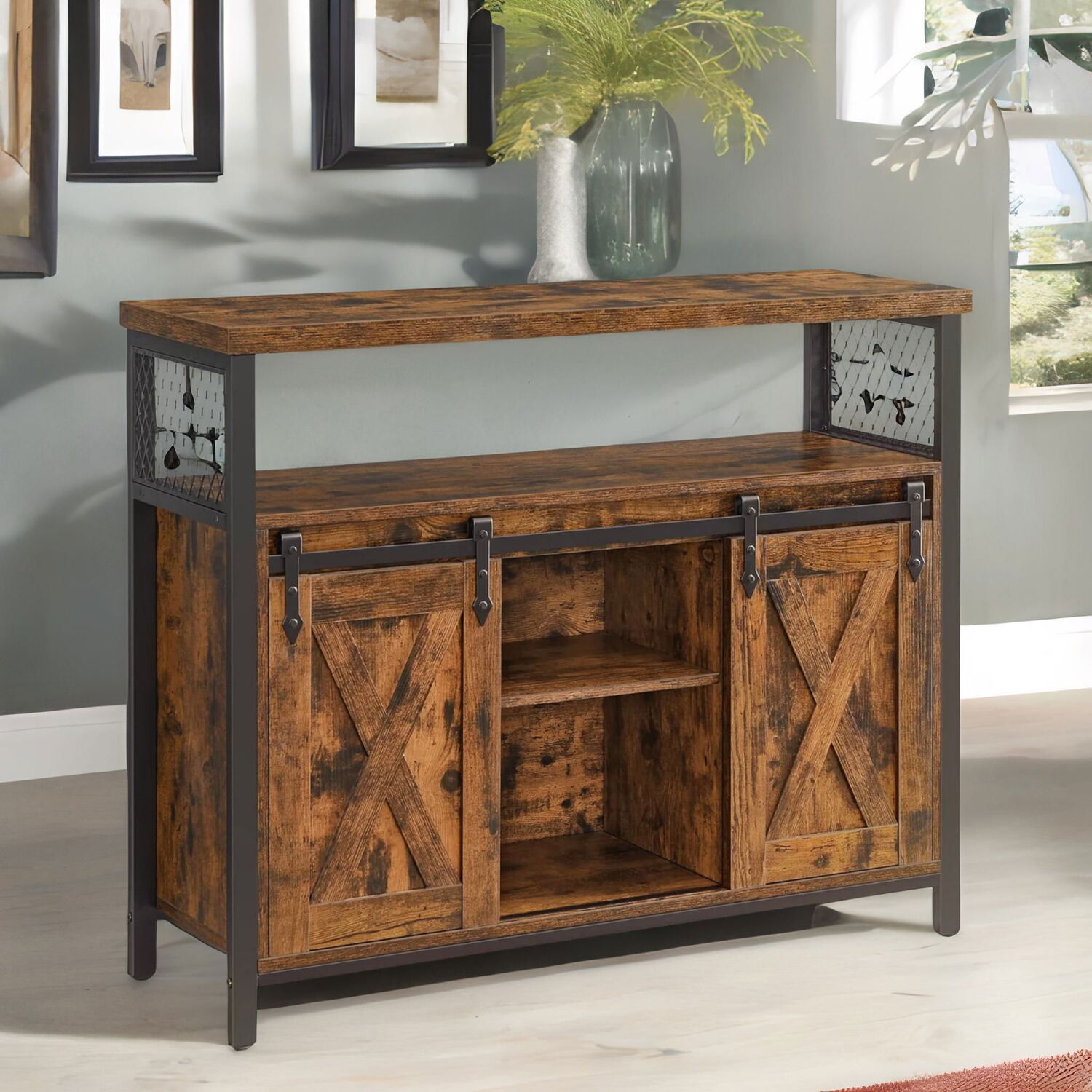 Multipurpose Sideboard With Sliding Barn Doors - Rustic Brown
