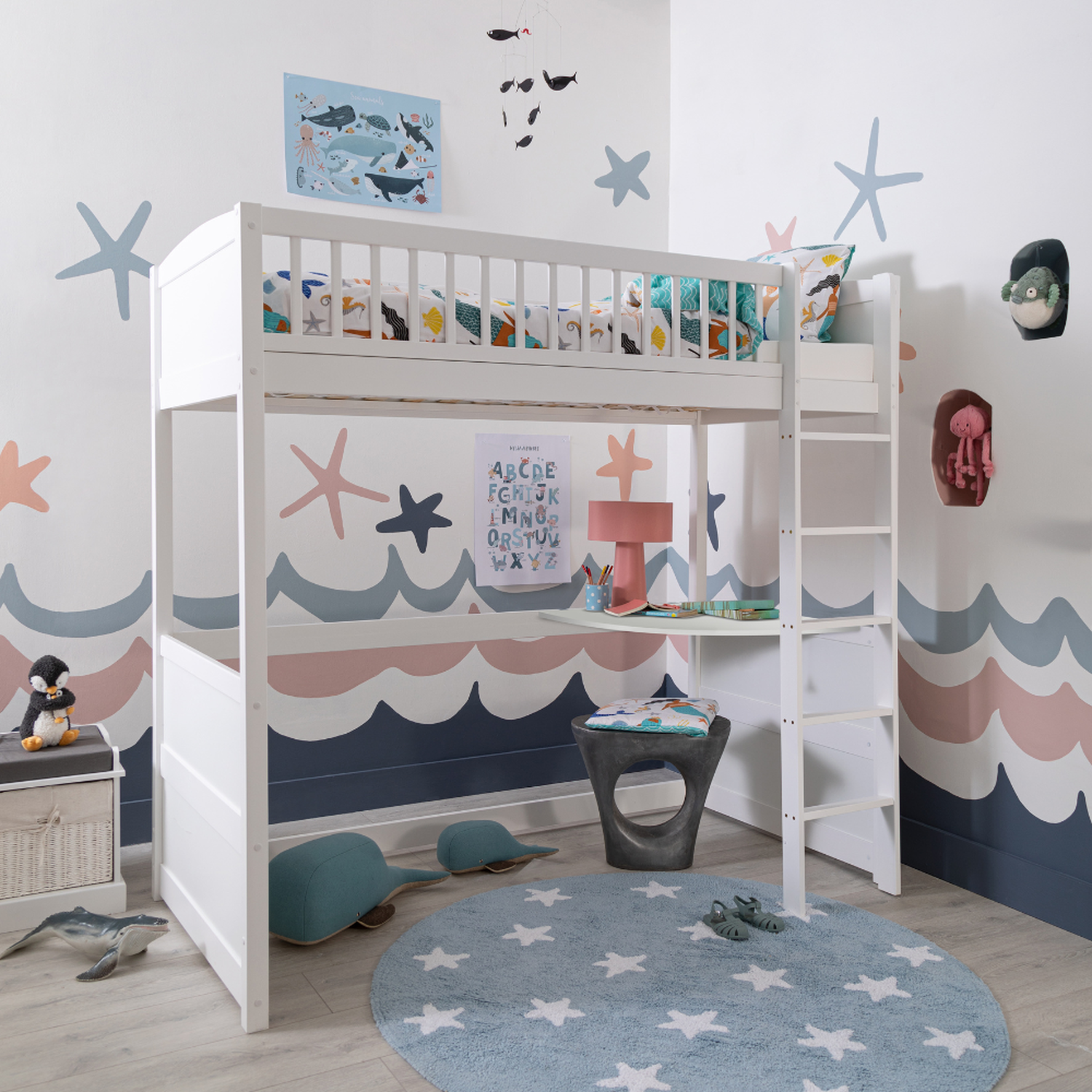 Lottie Highsleeper Kids Cabin Bed - White Thom Desk And Straight Ladder