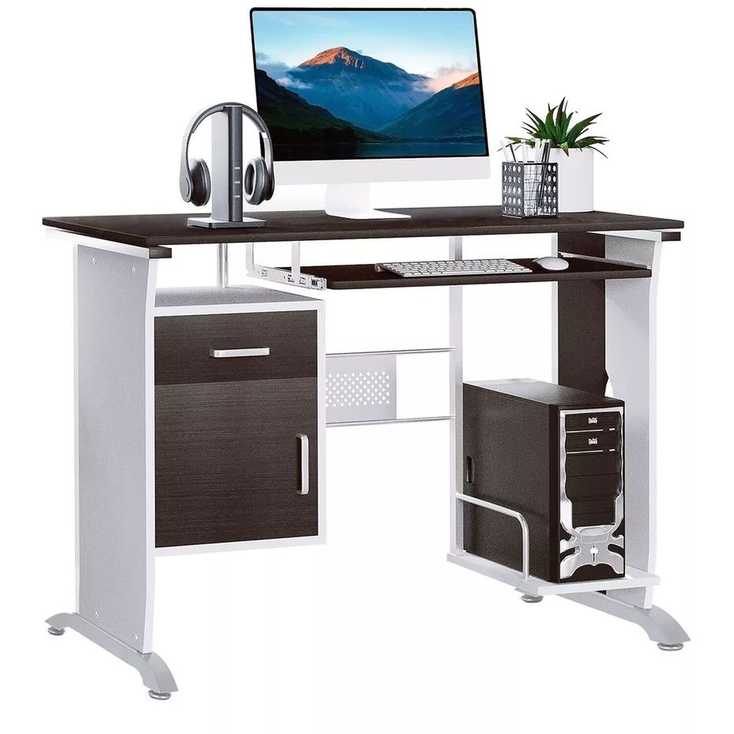 Modern Computer Desk With Drawers And Storage - Black And White 75cm
