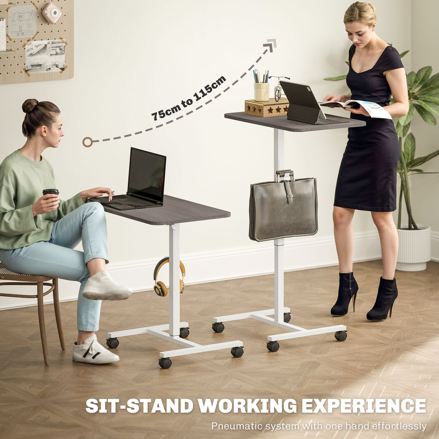 Homcom Standing Desk Mobile Overbed Table With Wheels - Grey