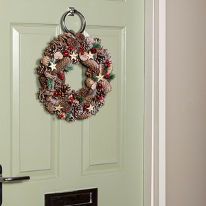 36cm Frosted Hanging Christmas Wreath with Red Jingle Bells Wooden Stars