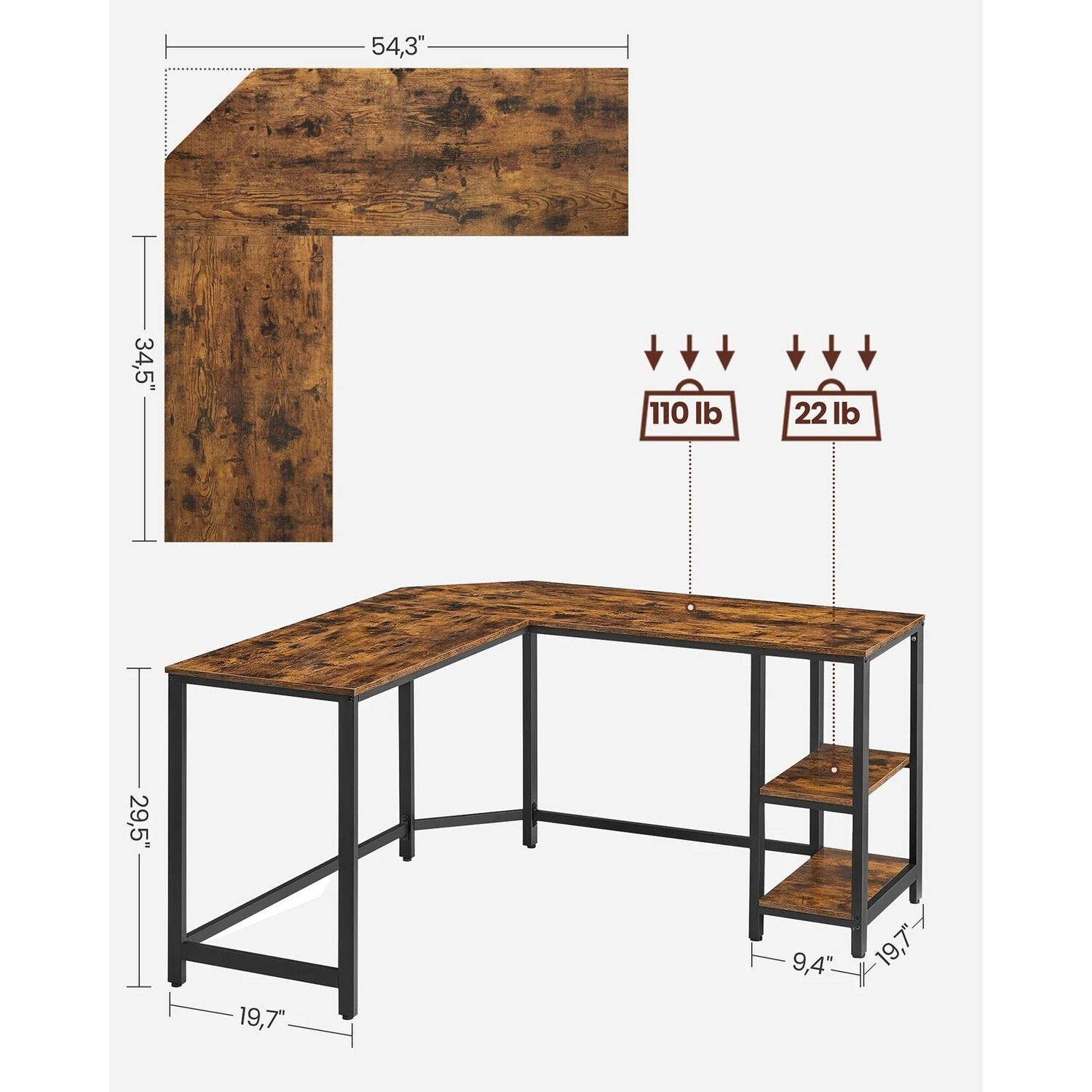 L-shaped Desk With Storage - Brown