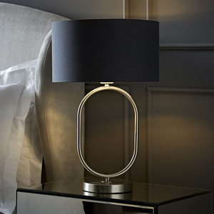 Antonia Brushed Chrome Oval Table Lamp Metallic Drum Shade and LED Bulb