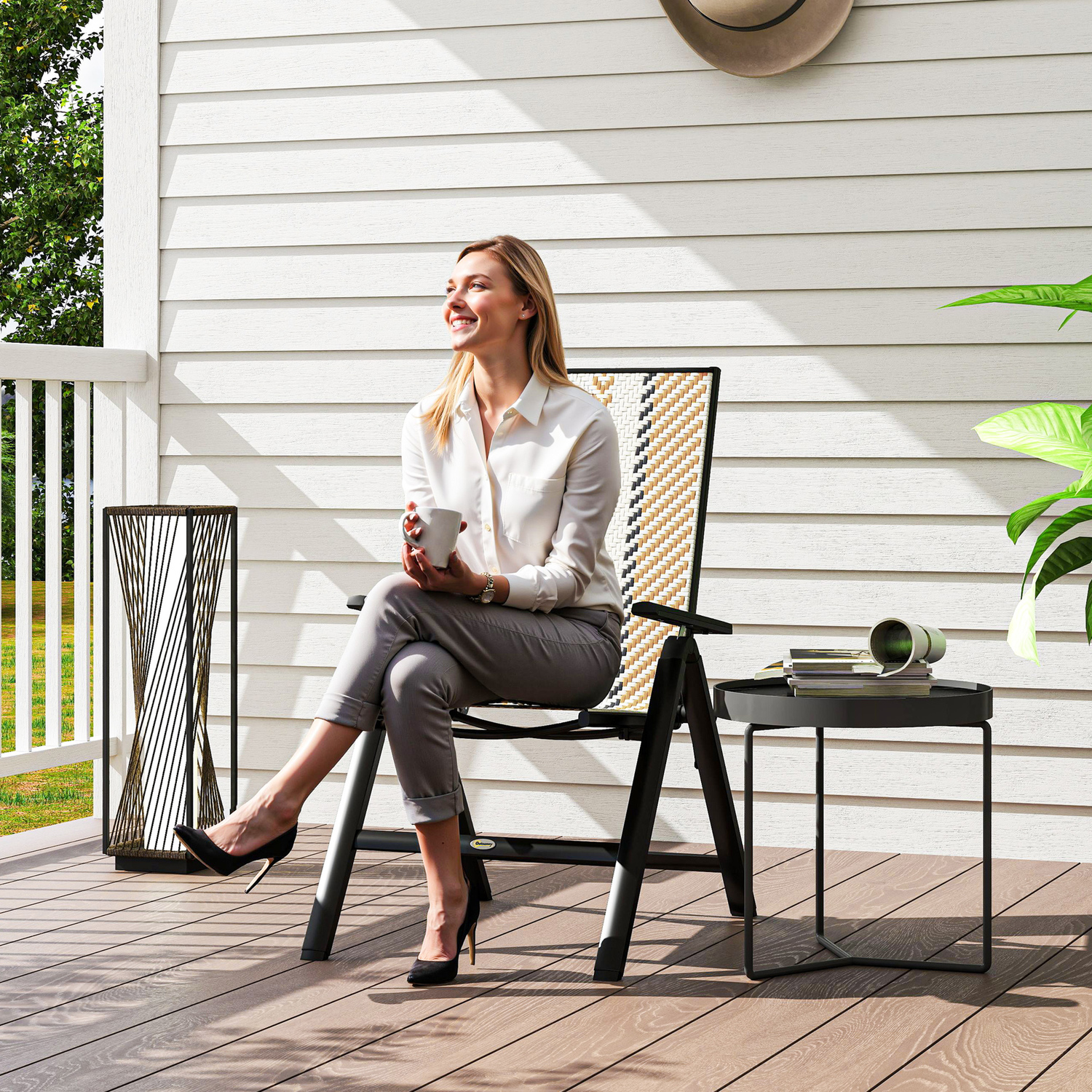 Outsunny Rattan Folding Chair With 5 Position Adjustable Backrest - Orange