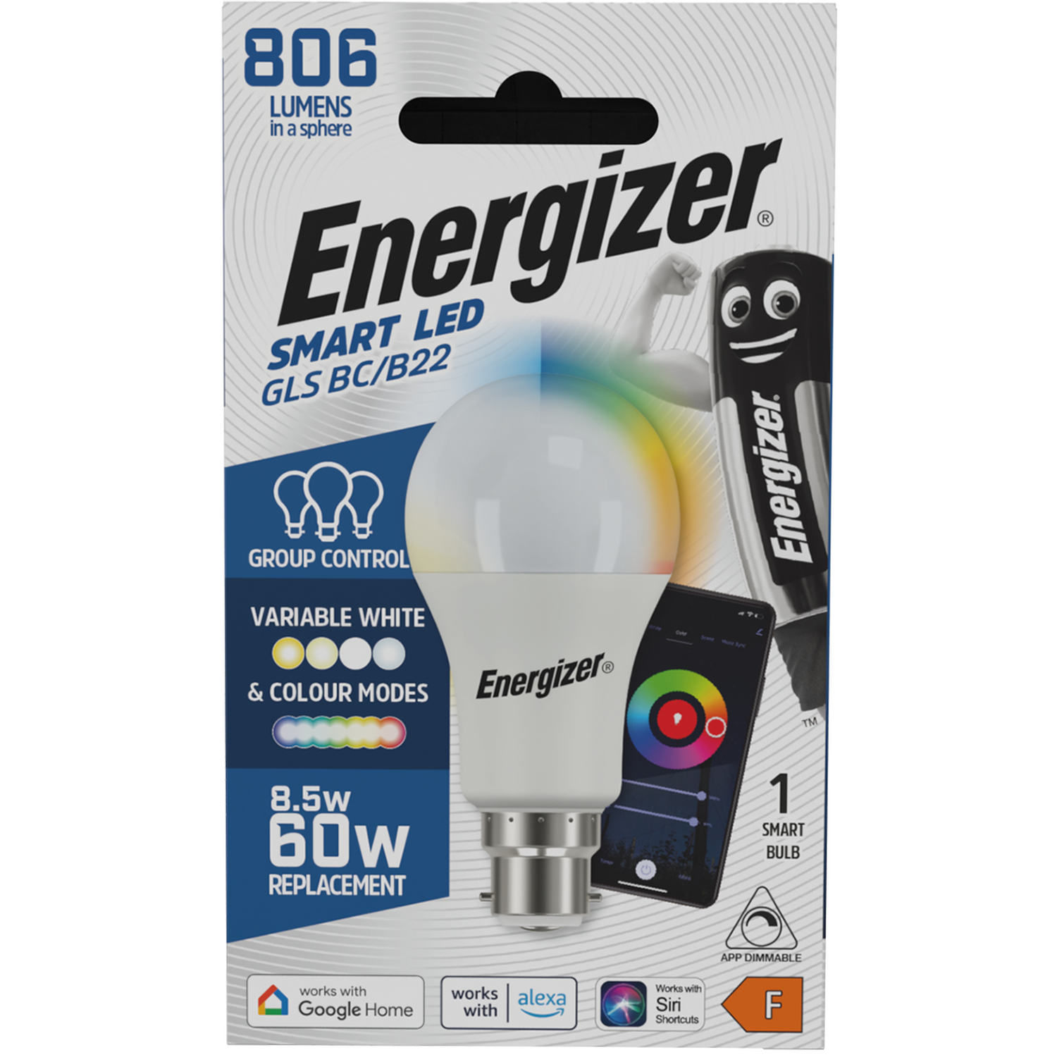 Energizer Smart B22 Bc Gls Colour Changing Bulb 806lm Box Of 1 - Colour Changing
