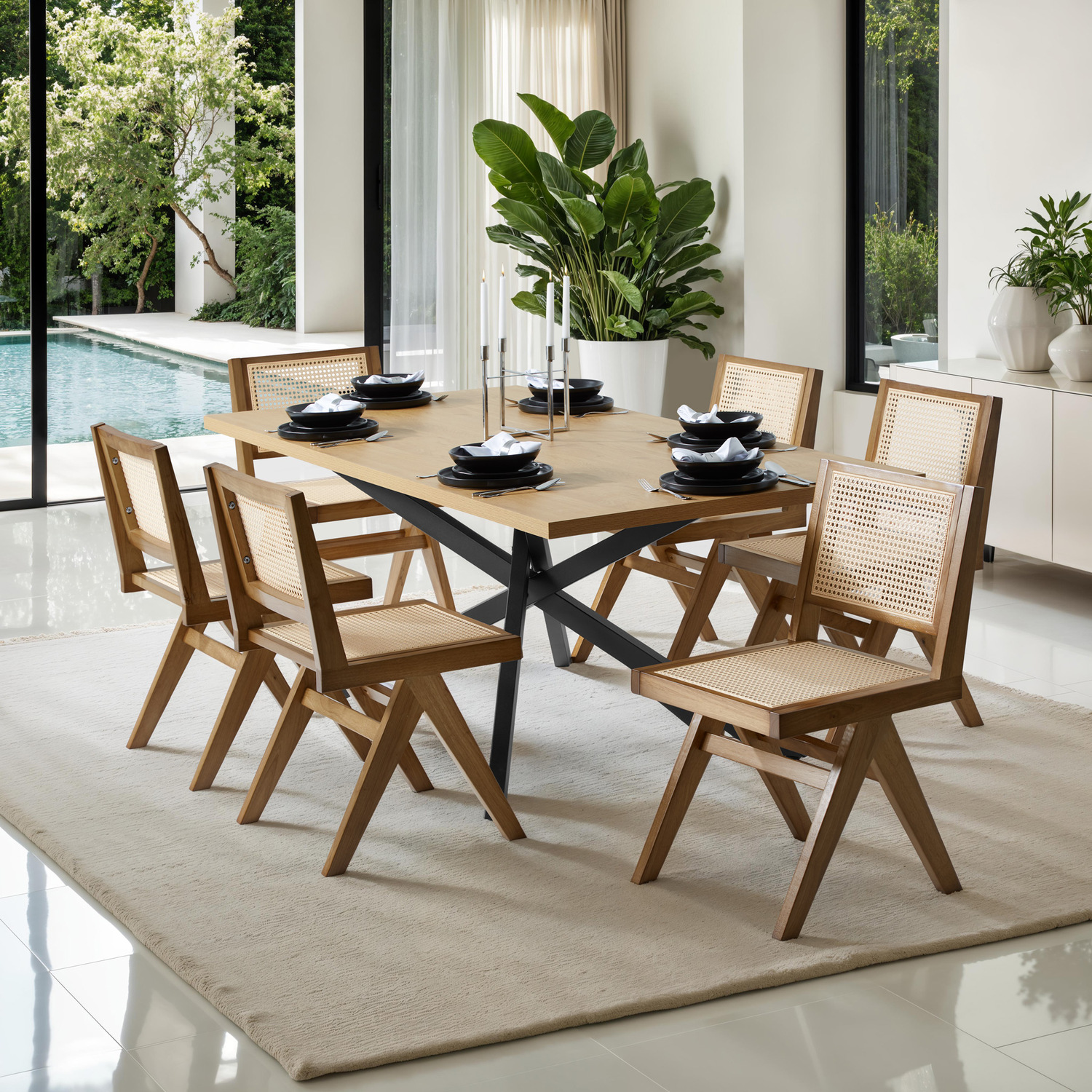 Dining Chair With Rattan Backrest And Solid Wood Frame - Light Oak 83cm 6