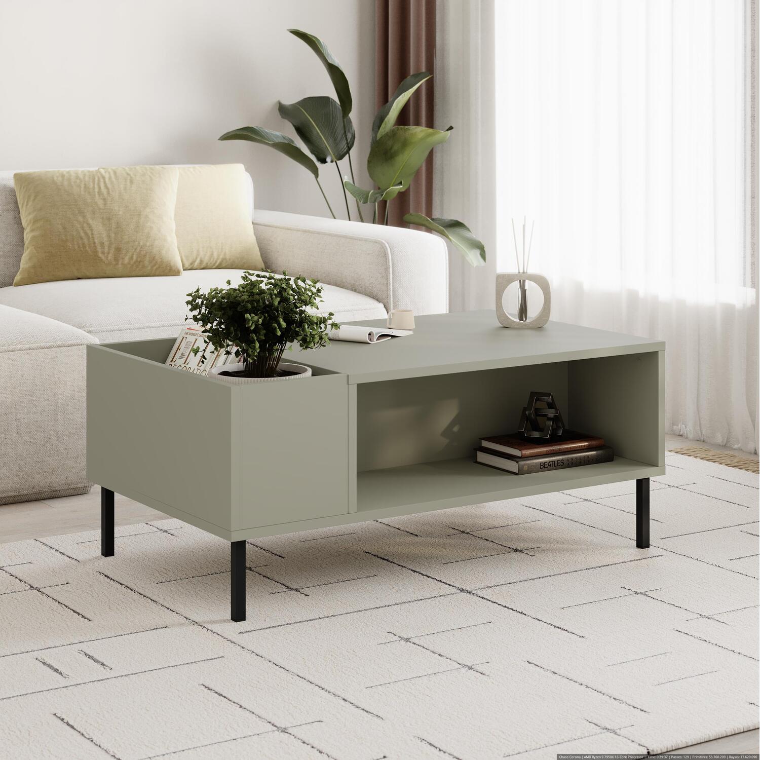 Decortie Coffee Table With Vertical Shelf Storage Black Legs - Ash Green