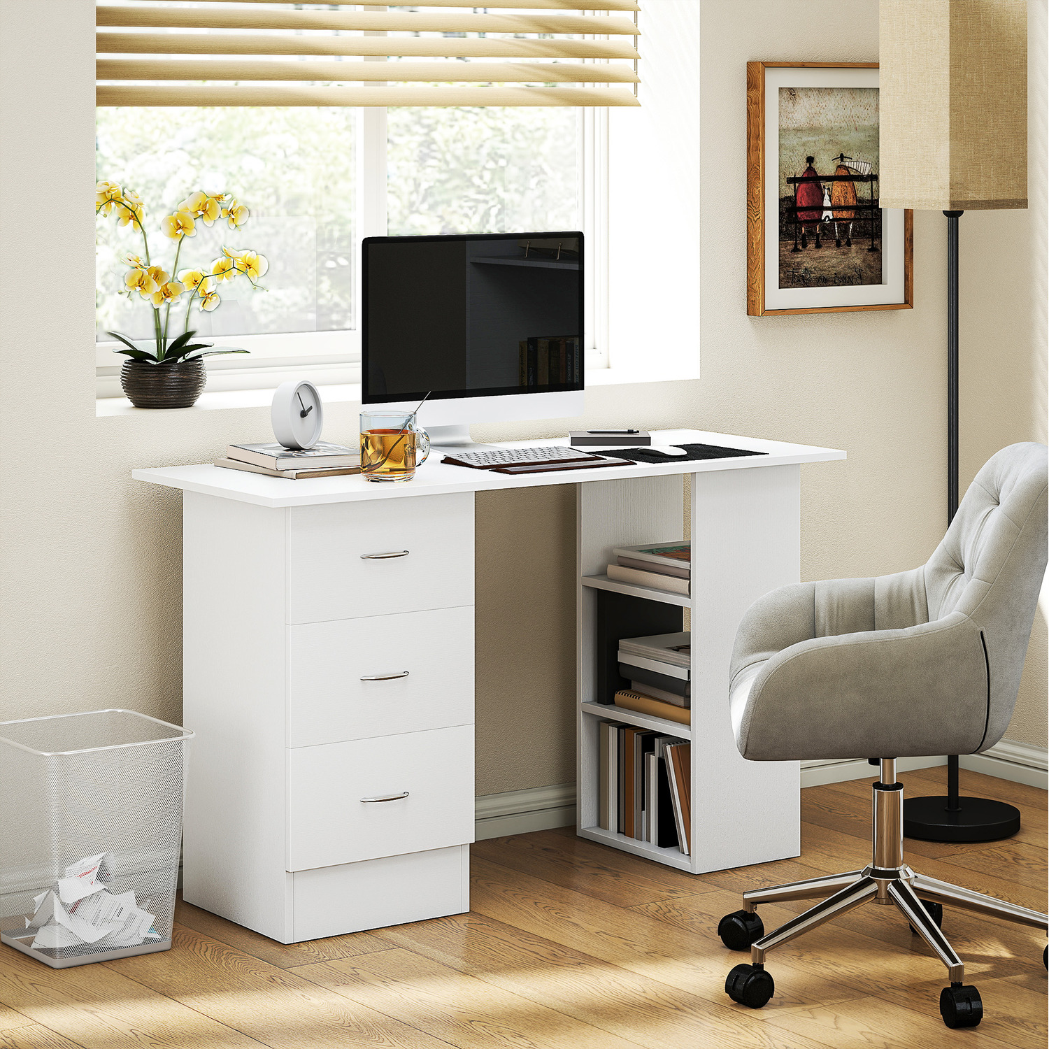 Homcom 120cm Computer Desk Pc Table Workstation Shelf Drawers White - White