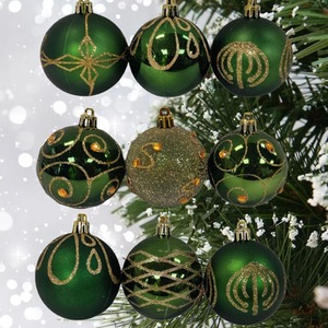 9 Decorated Dark Green Christmas Tree Baubles Hanging Ornaments 6cm