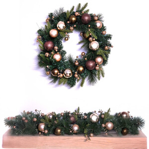 Decorated Mixed Pine Wreath with Bronze and Copper Baubles