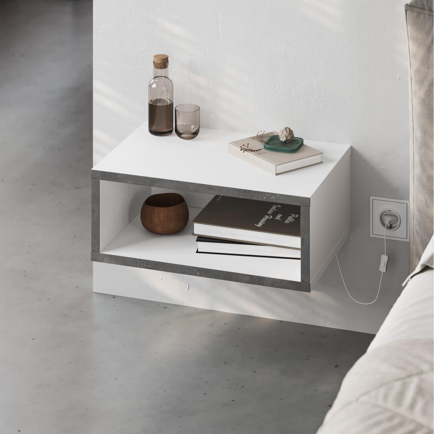 Decortie Floating Bedside Table with LED Light and Open Shelf - White