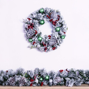 Flocked Decorated Mixed Pine Wreath with Tartan Bows