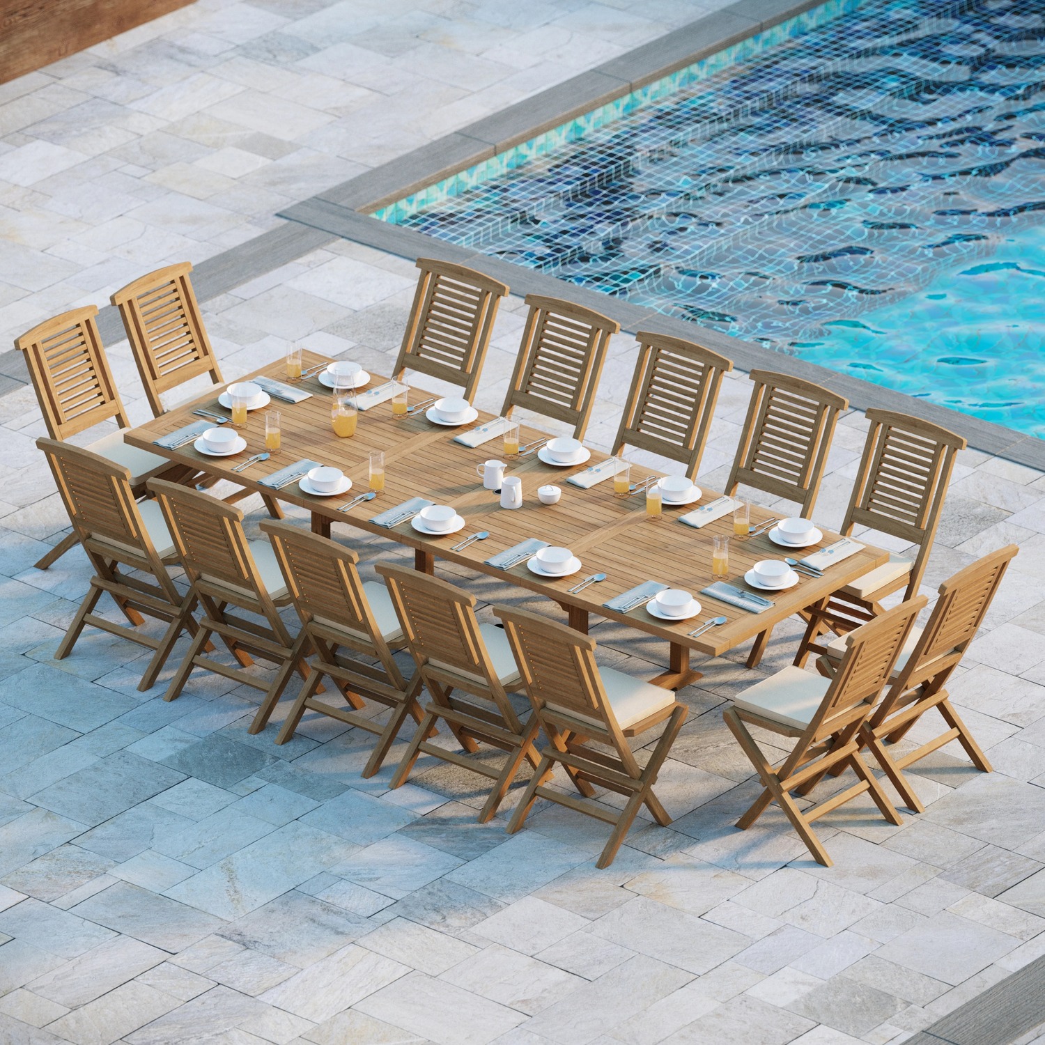 Helsinki Teak Garden Dining Table And 14 Seat Chair Set - Teak Table 14 Chairs Green Cushions