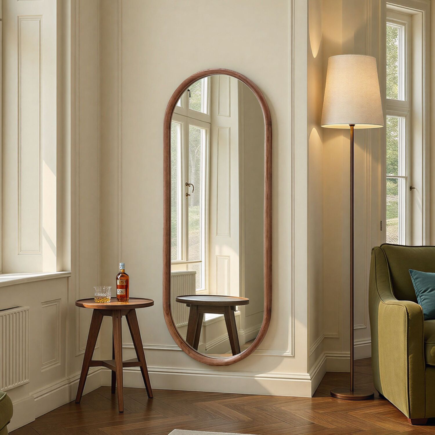 Oval Solid Oak Full Length Wall Mirror - Brown