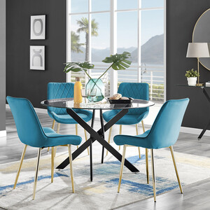 Novara Black Leg 120cm Round Glass Dining Table  Pesaro Gold Leg Chairs