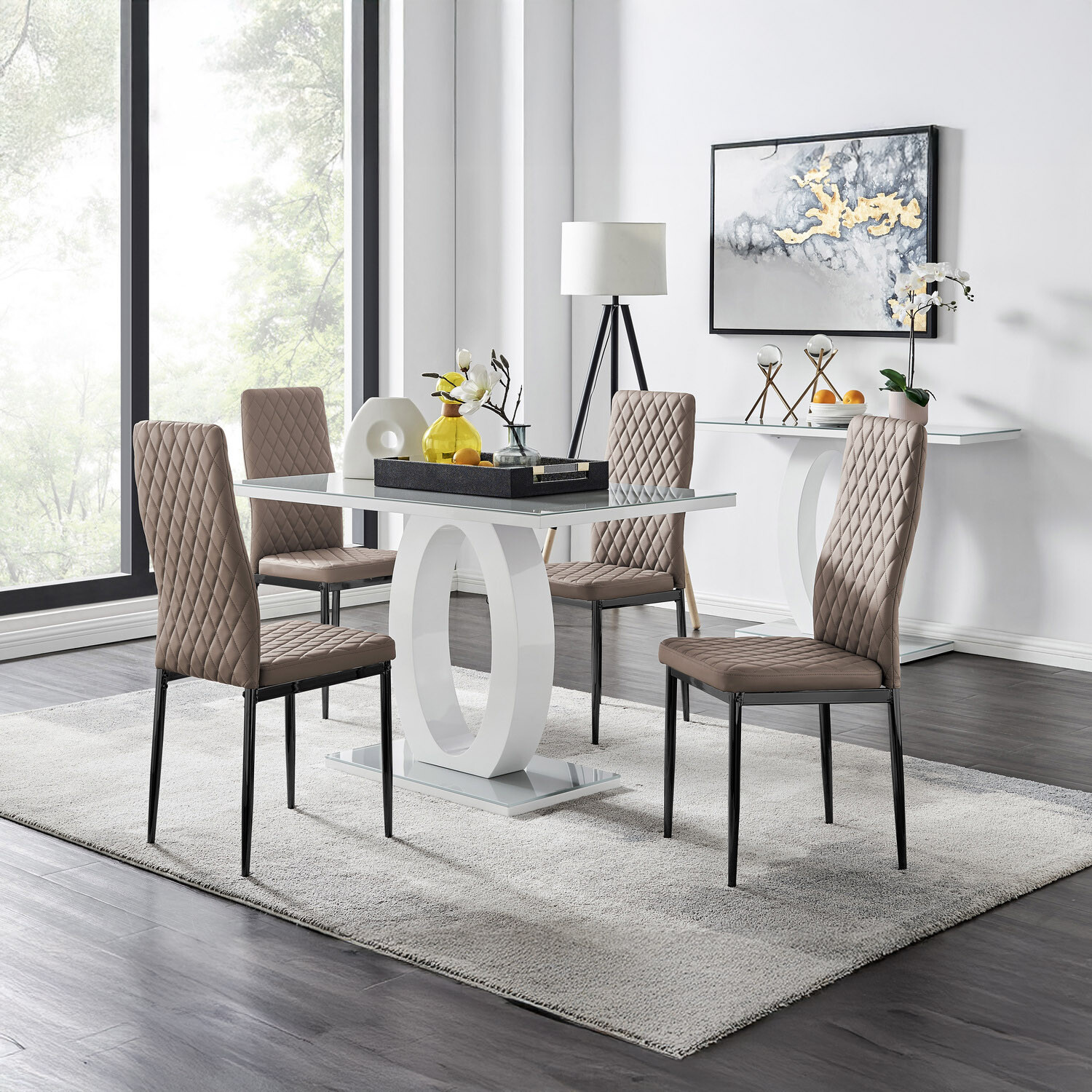 Giovani Grey Dining Table With Four Milan Black Leg Chairs - Cappuccino