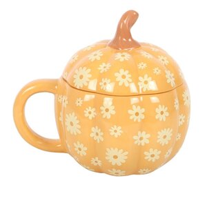 Groovy Floral Pumpkin Mug with Lid Autumn Halloween Drinkware
