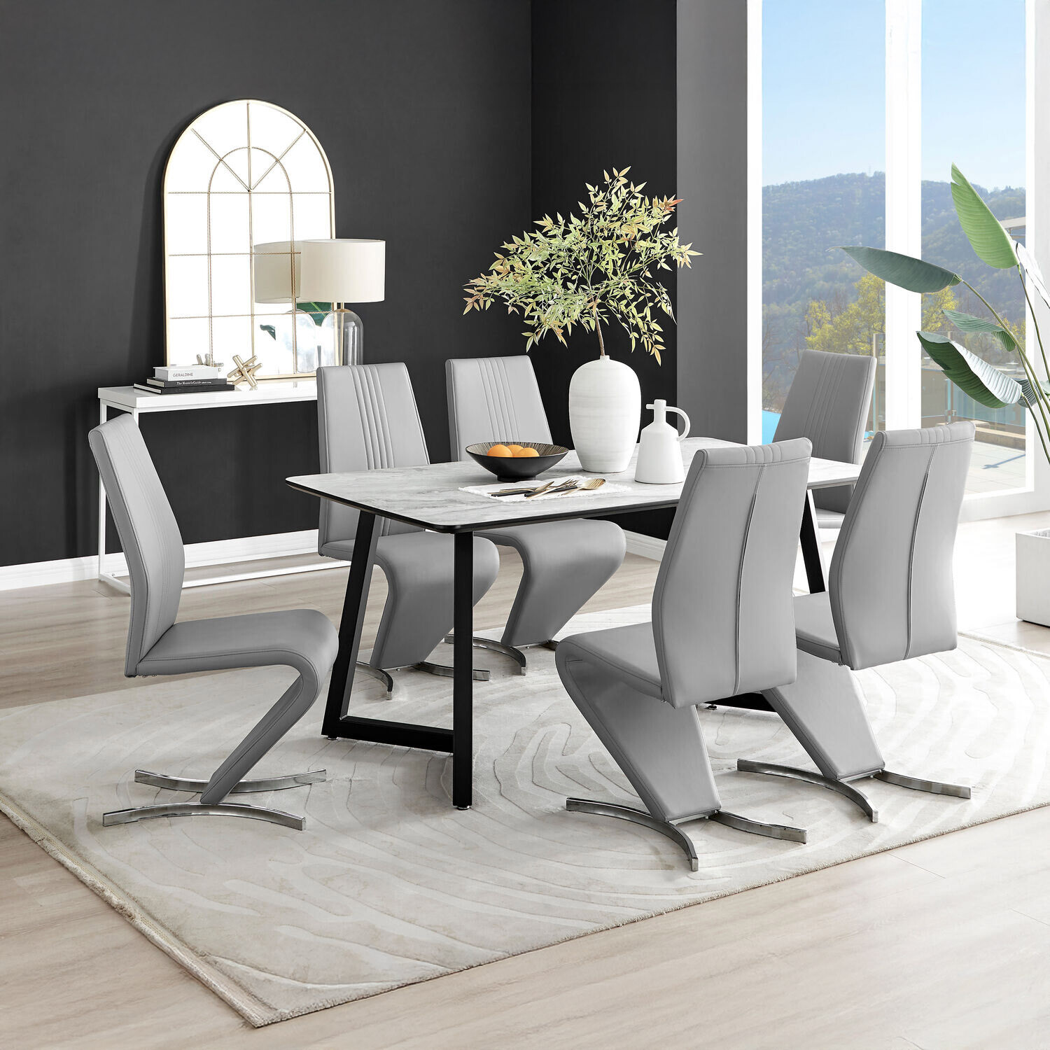 Carson White Marble Effect Dining Table and 6 Willow Chairs - Grey