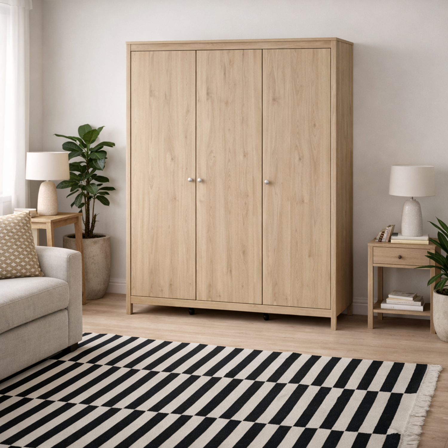 Gossmere 3-Door Hickory Oak Effect Wardrobe with Metal Handles Matt Finish - Natural