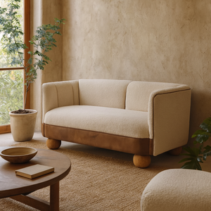 Olbia Small Sofa - Cream Bouclé with Buffalo Hide Leather Seat