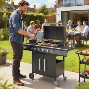 Outsunny Burner Gas BBQ Grill with Side Table, 4 Wheels
