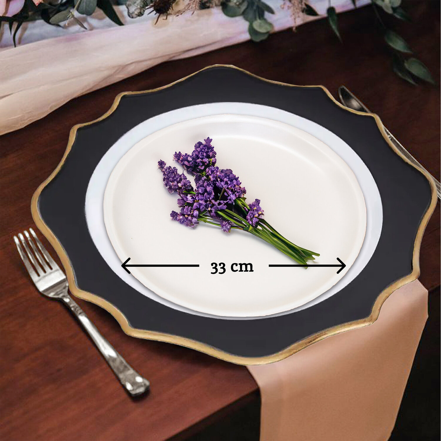 Dia White And Black Scalloped Charger Plate - White