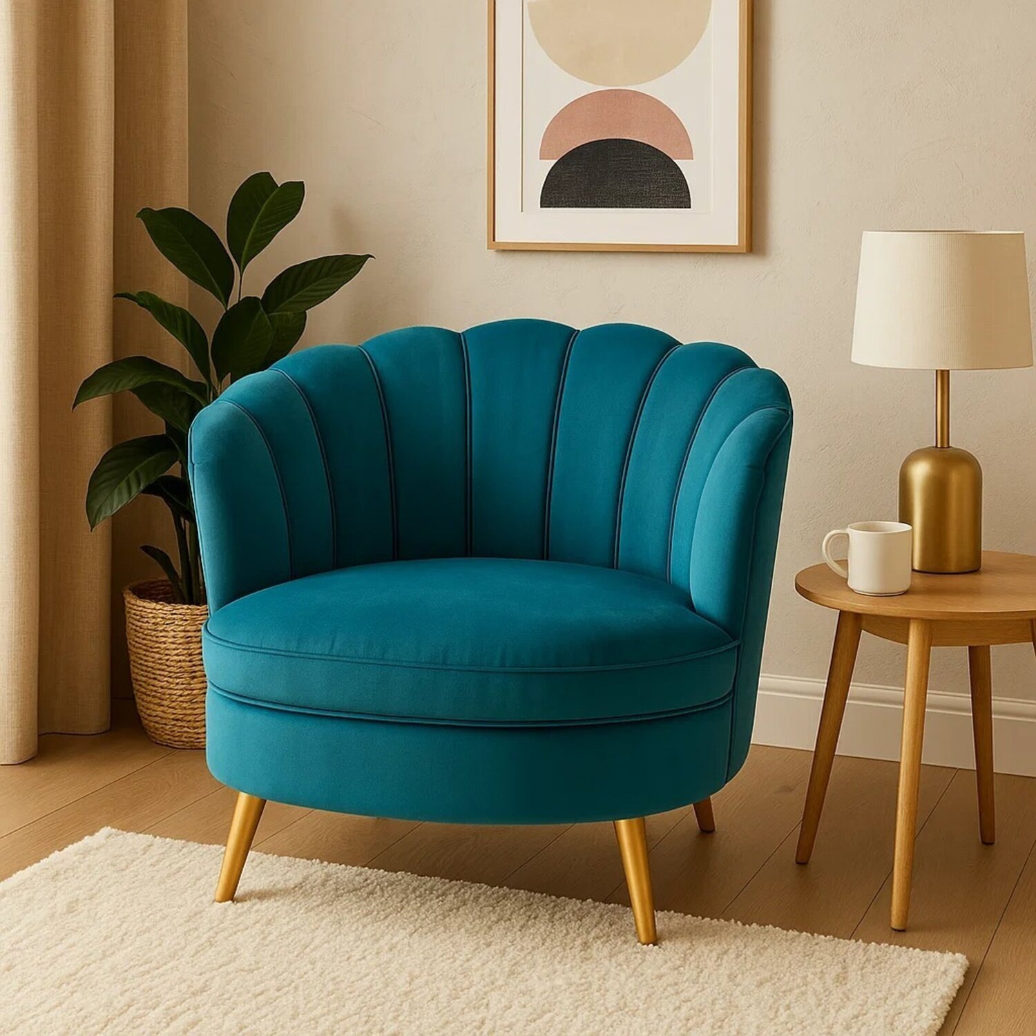 Orlina Blue Velvet Scalloped Curved Chair With Gold Wood Legs - Blue