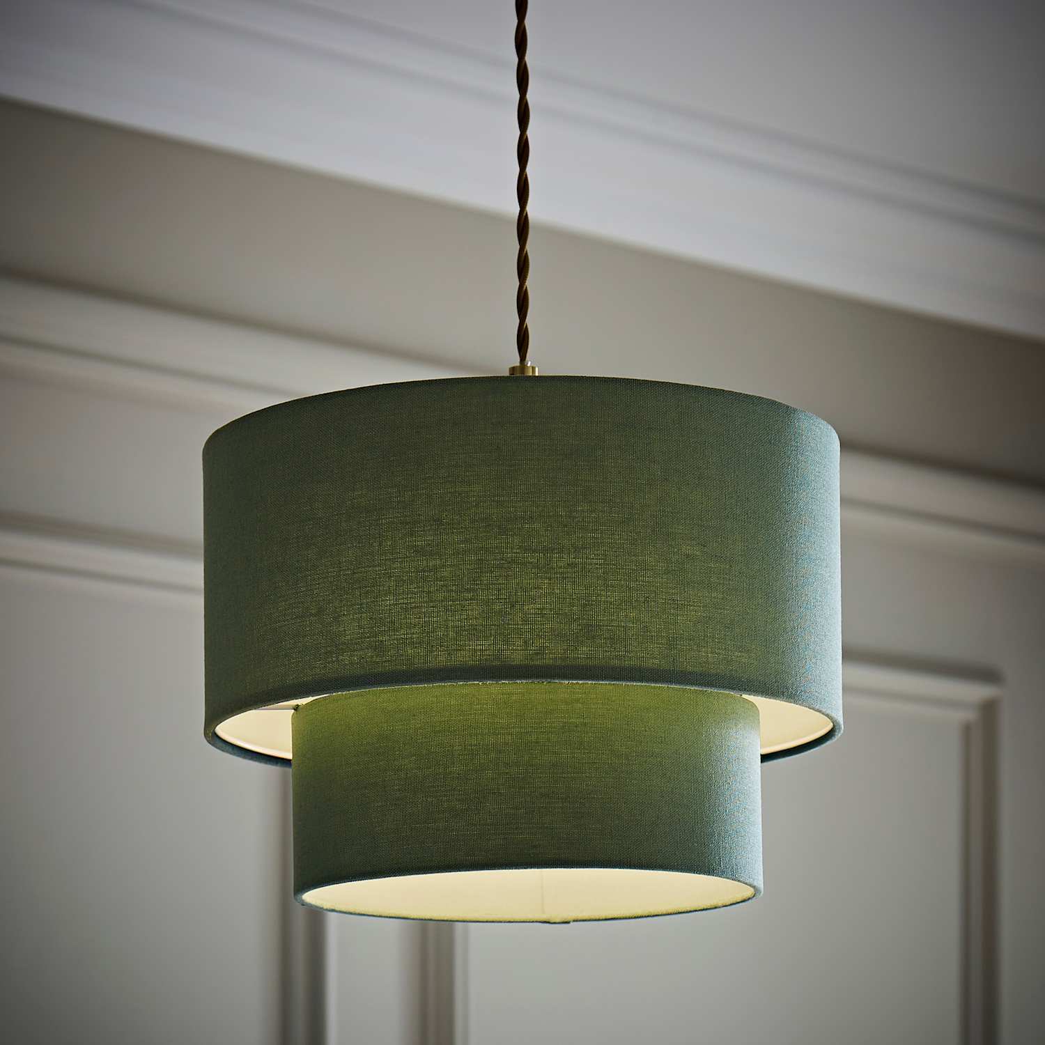Valuelights Unisex Pale Green Jodie Linen Two Tier Easy Fit Drum Ceiling Light Lamp Shade W/ Bulb In - Image 2