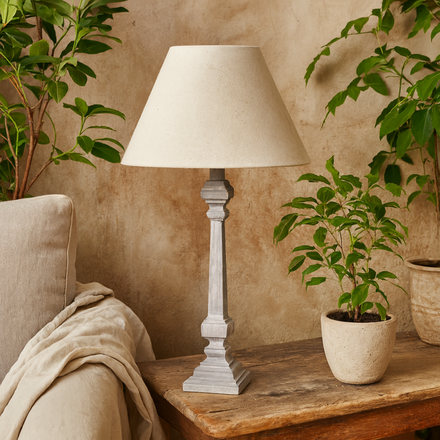 Stonebloom Wash Slim Table Lamp with Natural Linen Shade - White