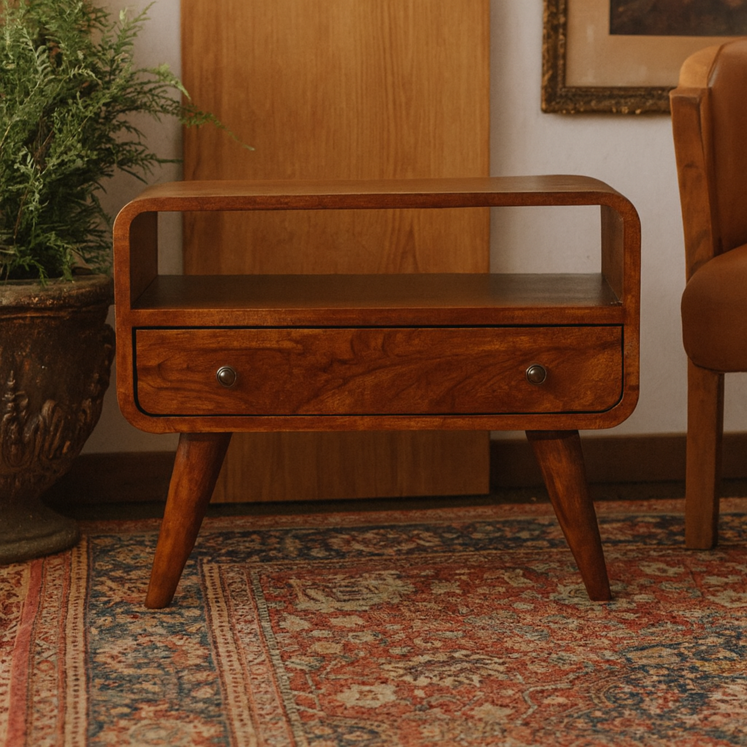Olbia Compact Curved Mango Wood TV Unit in Chestnut - Brown