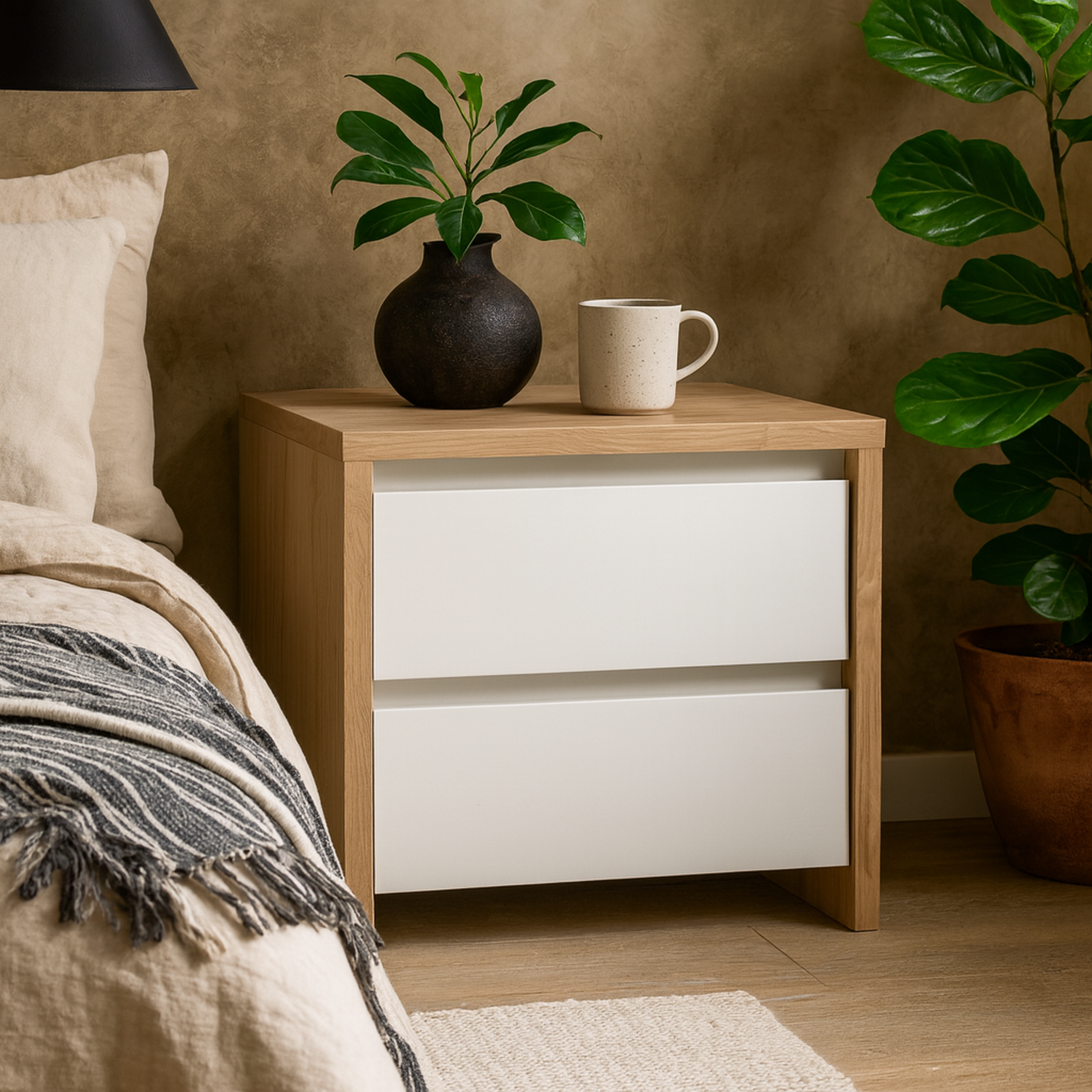 Salzburg Bedside Table Gloss Front Natural Effect 2 Drawers - Natural