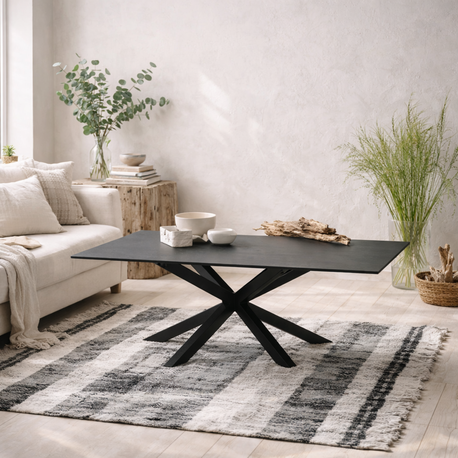 Perth Ceramic Rectangular Coffee Table Matt Steel Cross Base - Black