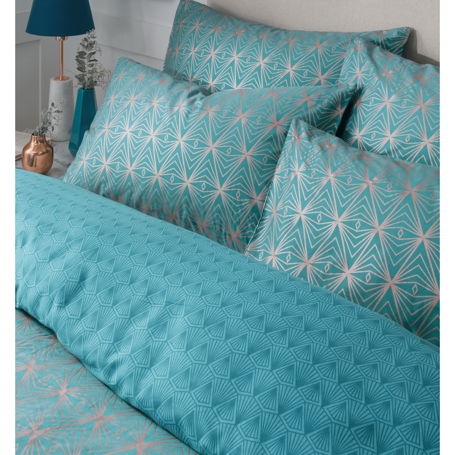 Caspia Teal Geometric Deco Reversible Duvet Set - Teal Double