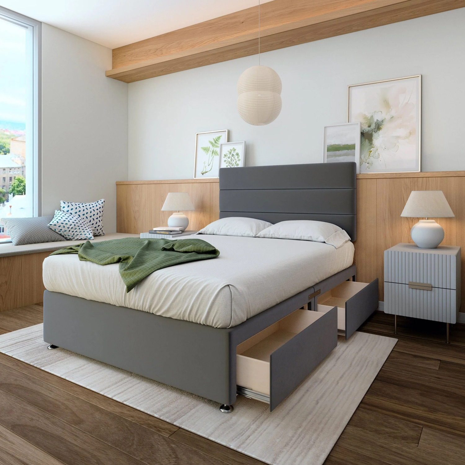 Plush Velvet Divan Base With Storage And Lined Headboard - Colour Options - Graphite Superking 60kg
