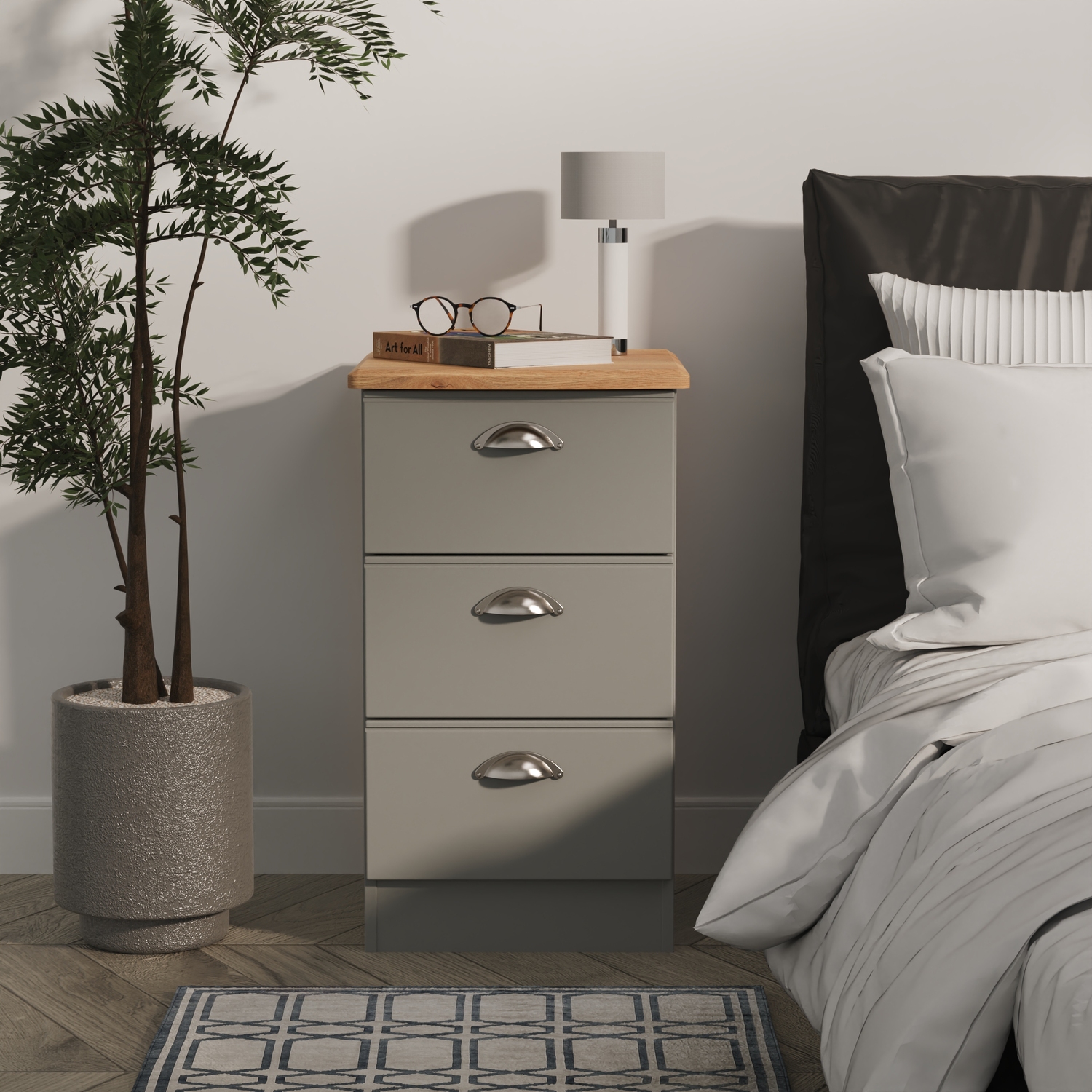 Victoria Ready Assembled 3 Drawer Bedside Cabinet - Dusk Grey Riviera Oak
