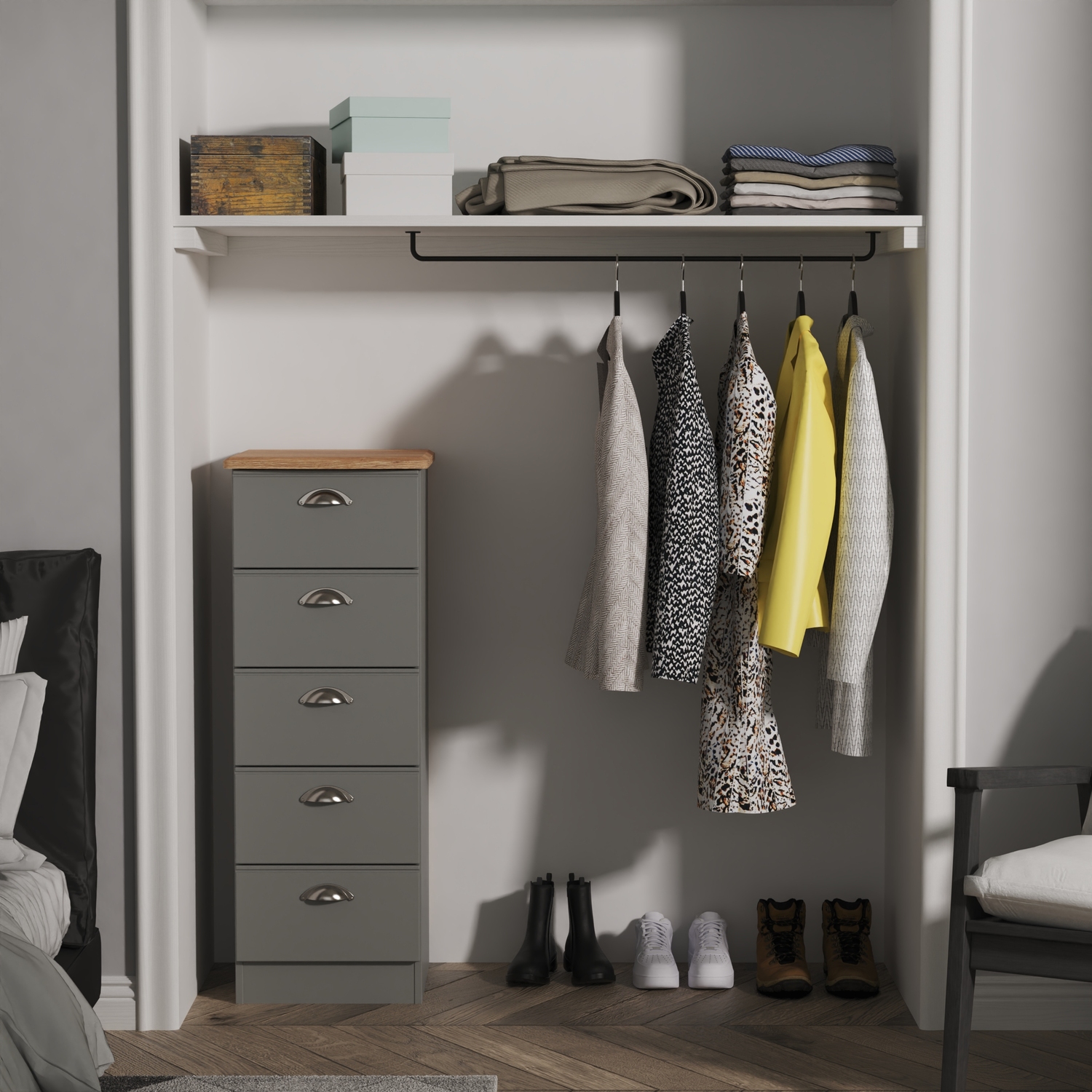 Victoria Fully Assembled 5 Drawer Bedside Cabinet - Dusk Grey Riviera Oak