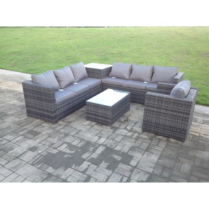 Grey Rattan Sofa Rectangular Coffee Table Patio Cushions and Chair