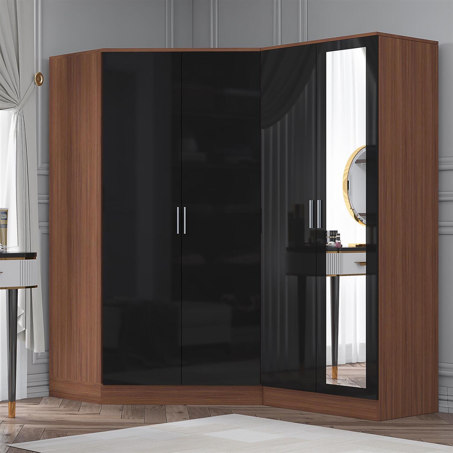 REFLECT Black Gloss 2 Door Corner + 2 Door Mirror Wardrobe - Walnut Matt Carcass - Image 6