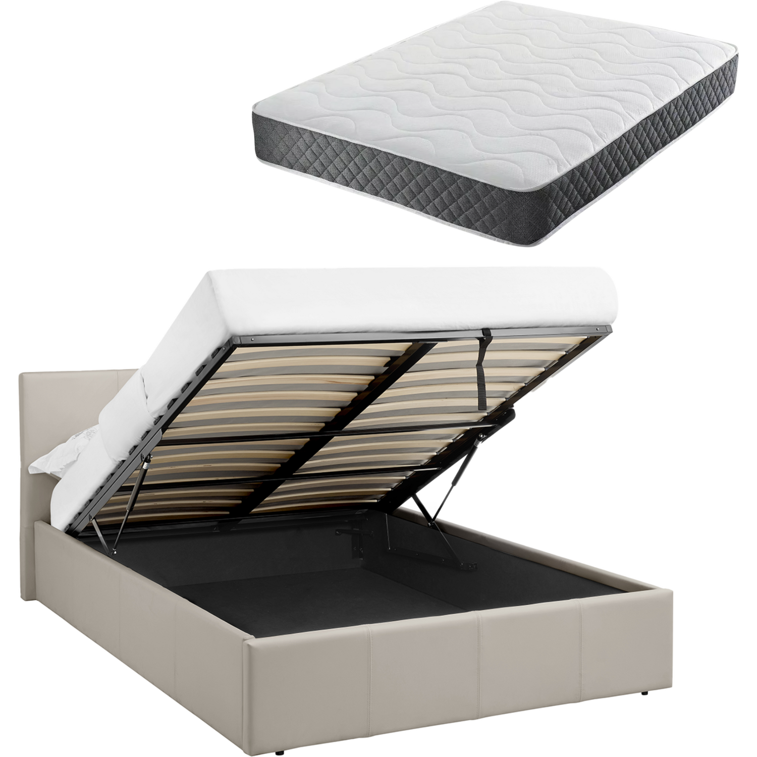 Luna 3Ft Single Ottoman Bed Cream Beige Faux Leather + Spring & Foam Mattress - Cream Beige
