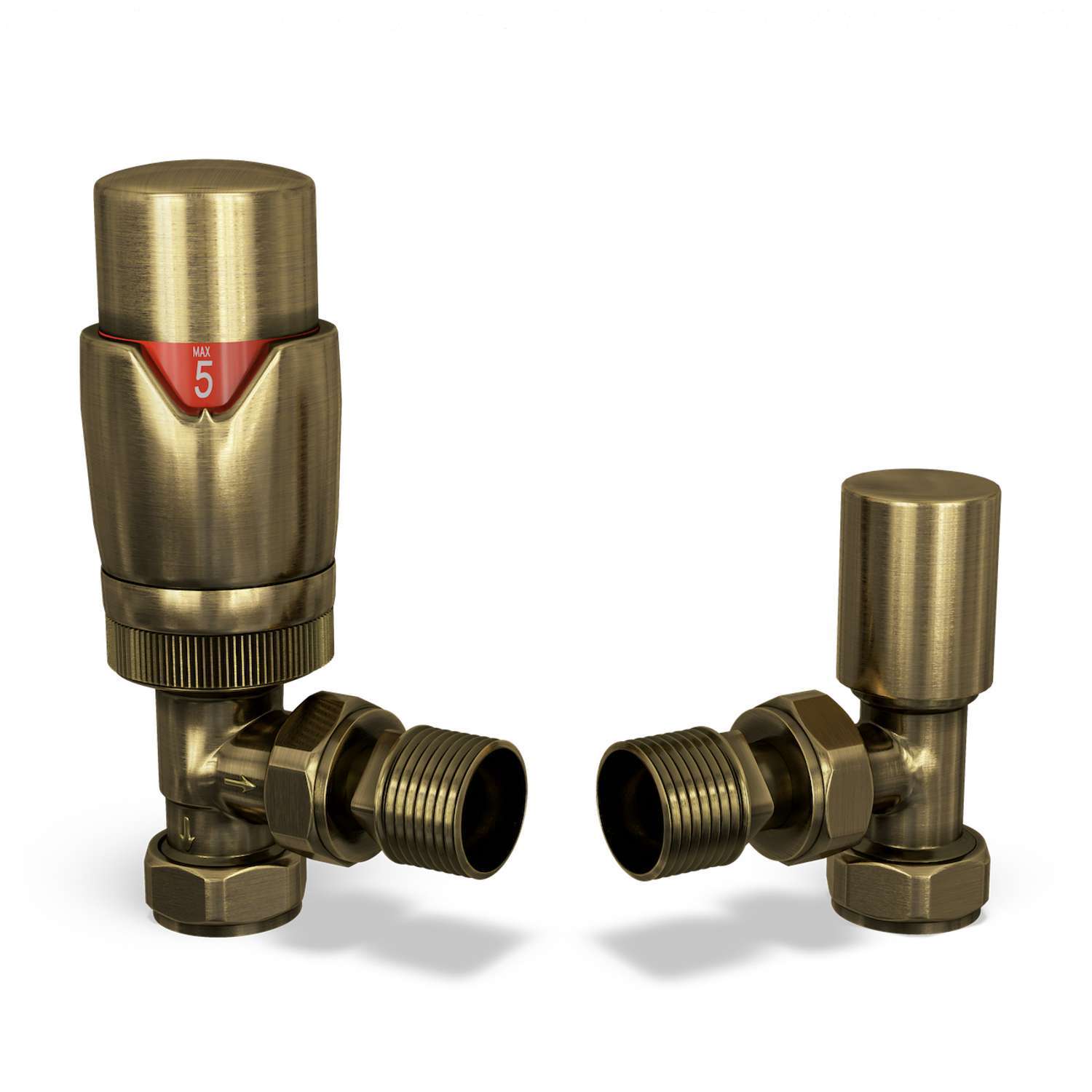 Uk Radiators Stirling Bold - Antique Brass Thermostatic Radiator Valve & Lockshield Corner - Antique Brass / 74Mm / Trv Valve Head, Lockshield, Pair Of 10Mm Valve