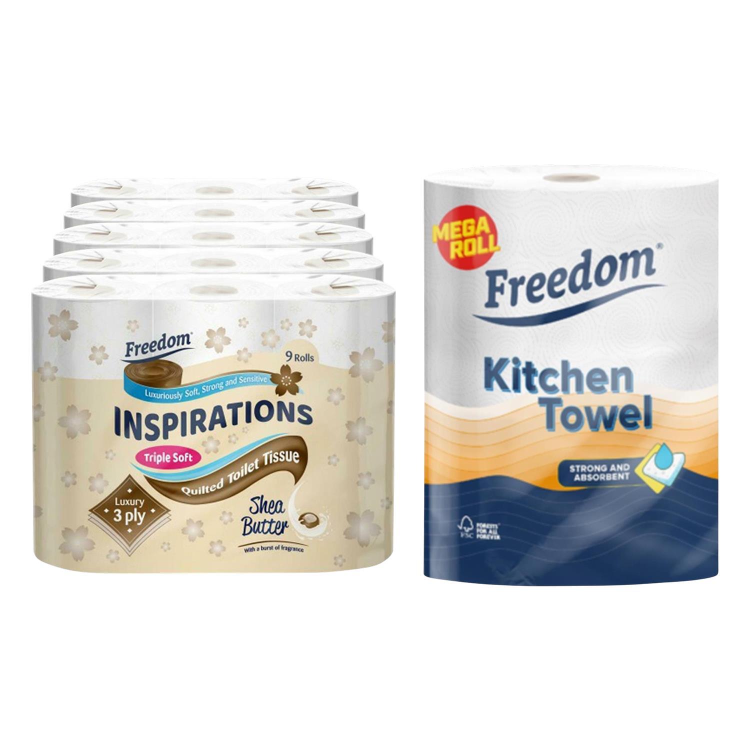 Freedom Shea Butter Toilet Paper 3 Ply With 4X Rhino Jumbo Luxury Kitchen Towel Roll, White - Image 5