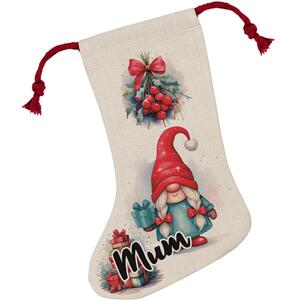 Christmas Mum Gonk Family Stocking - Novelty Xmas Gift - Linen-Style With Red Drawstring Ties