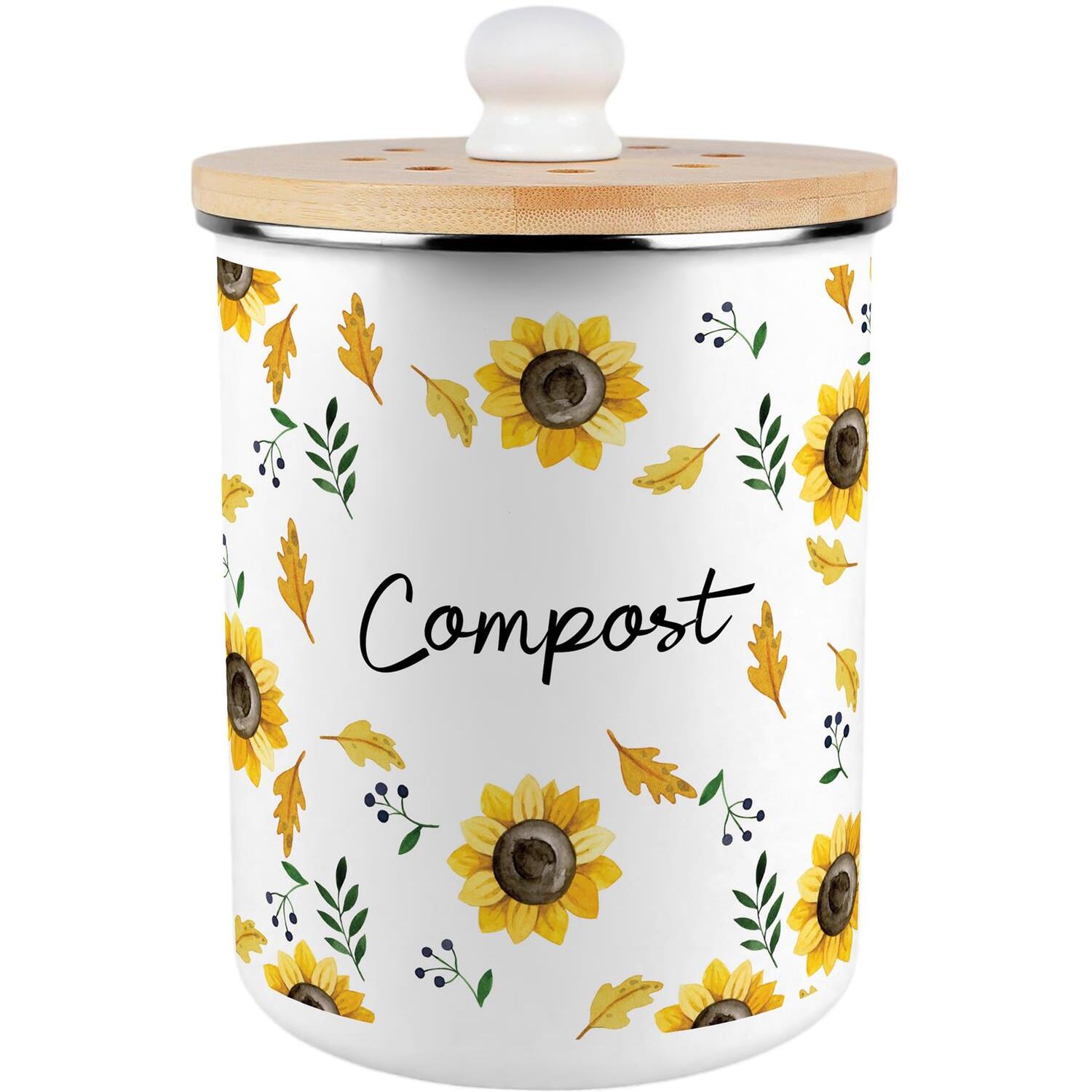 Purely Home Sunflowers Print Compost Caddy - Metal 2L Decorative Kitchen Food Waste Bin - Yellow
