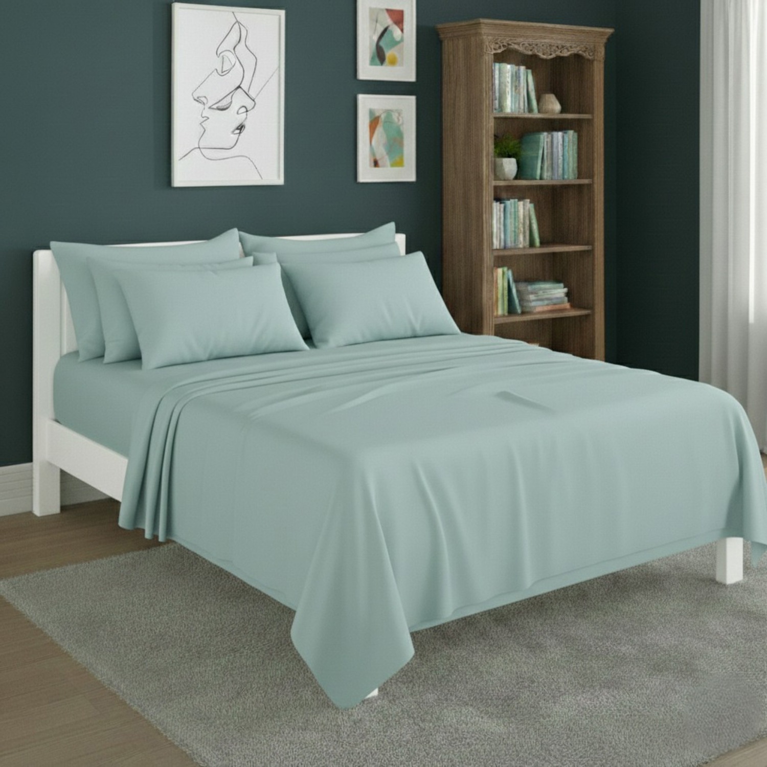 Snug City Plain Poly Cotton Easy Care Fitted Flat Sheet Matching Pillowcases Set in Duck Egg Blue | Size: Single
